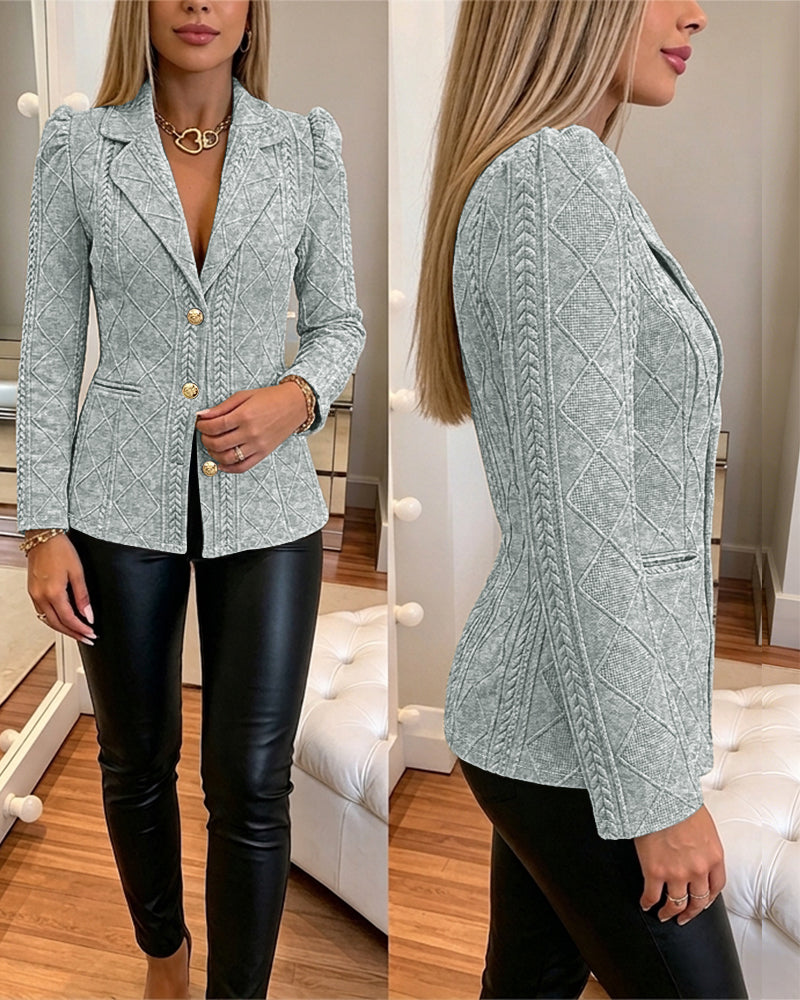 Women's Elegant Argyle Textured Blazer Slim Fit Puff Sleeve Suit Jacket Gold Button Work Office Commuter Blazer with Pockets
