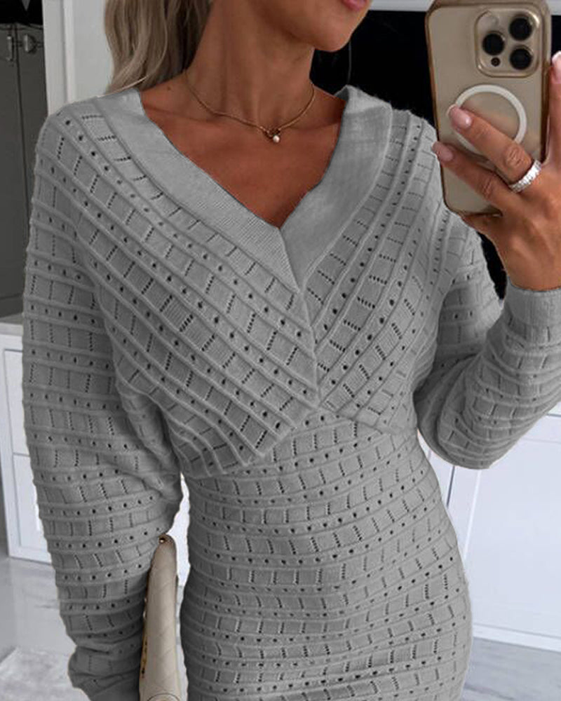 V-Neck Hollow Out Long Sleeve Knit Dress