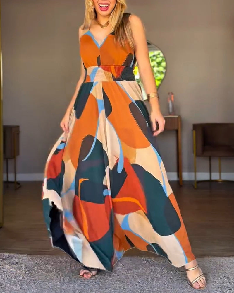Abstrakter Druck V-Ausschnitt Dehnbare breite Träger Hohe Taille Rückenfrei Overall Lässiger geraffter Taillenbund Weites Bein Jumpsuit