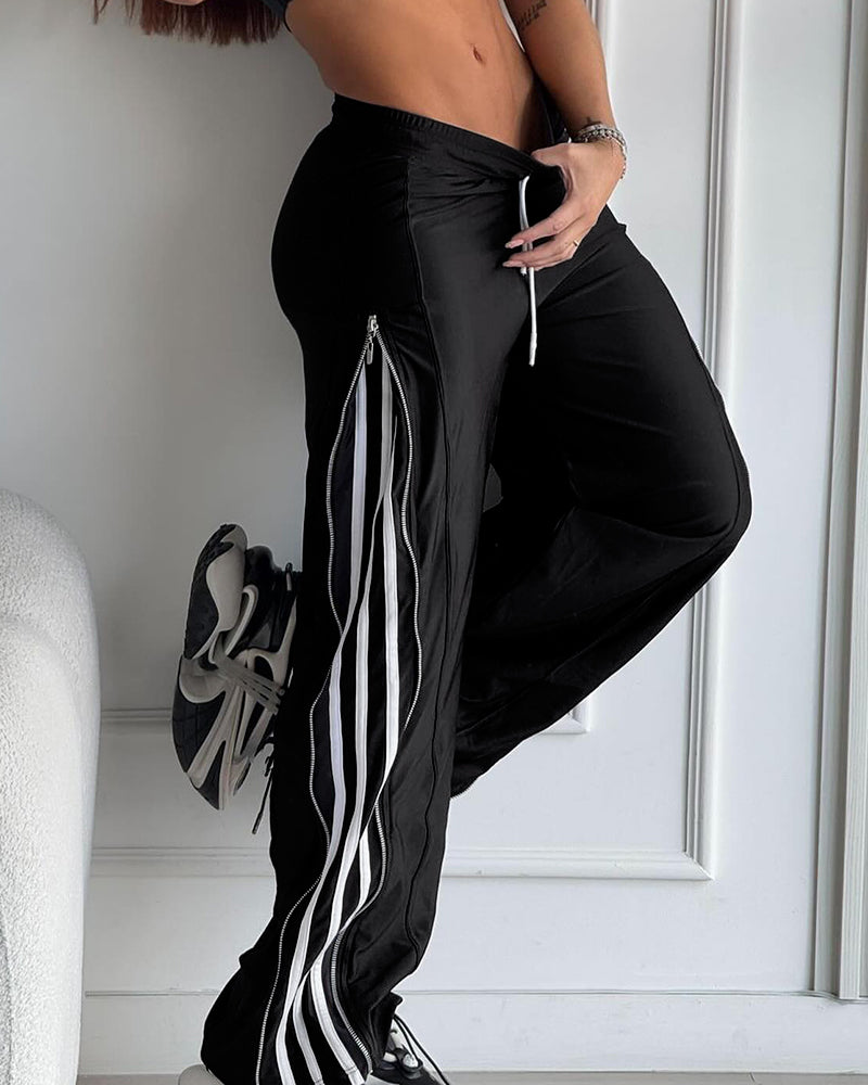 Contrast Side Striped & Zipper Slit Side Drawstring Elastic Waist Trousers Casual Wide Leg Pants