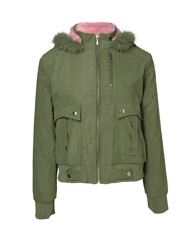 Flauschige Jacke mit Kapuze, Reißverschluss, Fleecefutter und Taschen