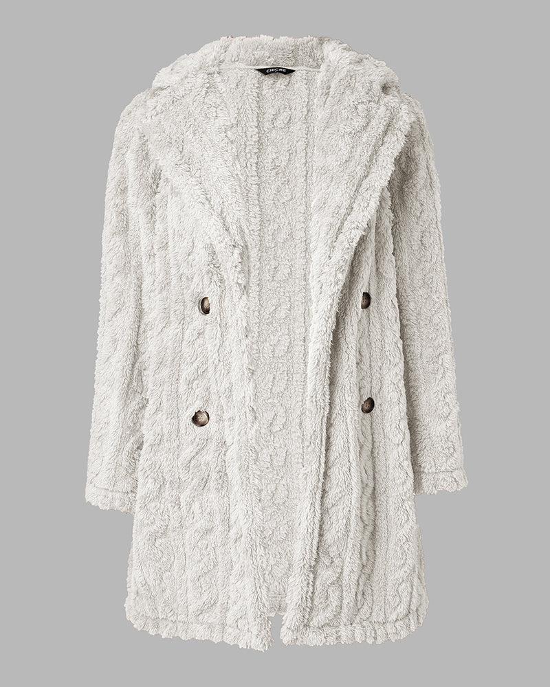 Cable Textured Lapel Neck Button Front Pocket Design Thermal Teddy Coat