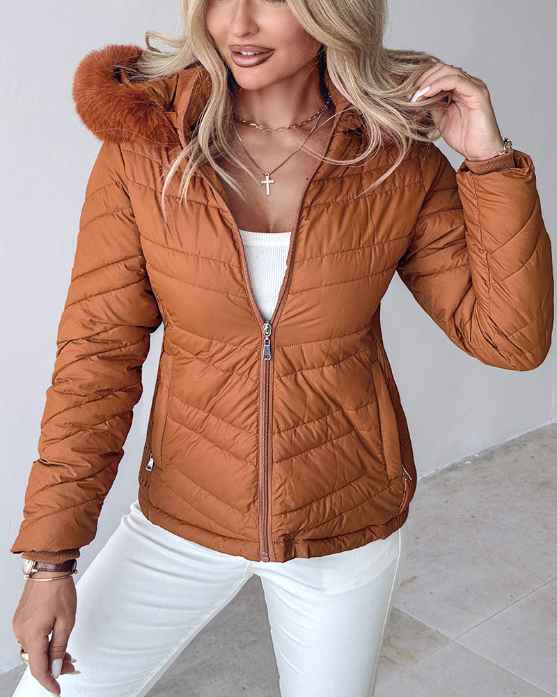 Zipper Pocket Design Shirred Fuzzy Trim Fleece Lined Hooded Puffer Jacket