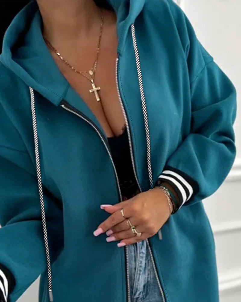 Striped Cuffs Pockets Design Zipper Front Drawstring Hoodie Jacket Casual Drop Shoulder Asymmetrical Hem Mid-length Coat