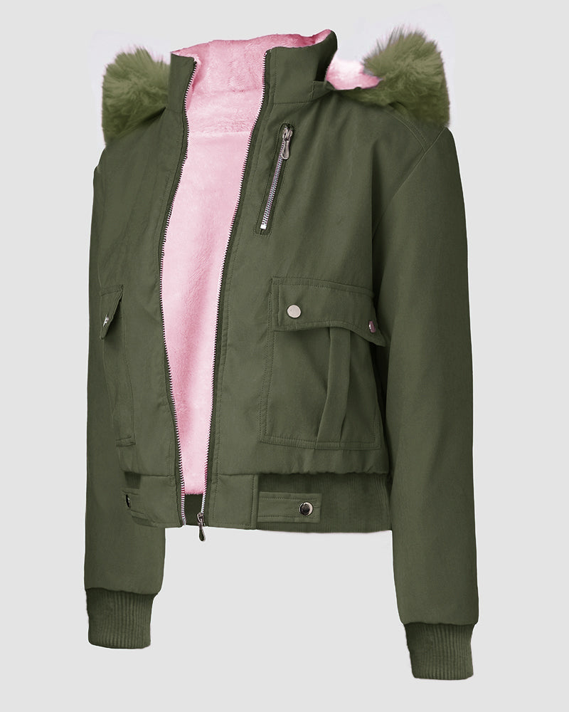 Flauschige Jacke mit Kapuze, Reißverschluss, Fleecefutter und Taschen