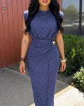 Women's Glitter Boat Neck Sleeveless Shoulder Pad Midi Dress Ruched Wrapped Slit Dress