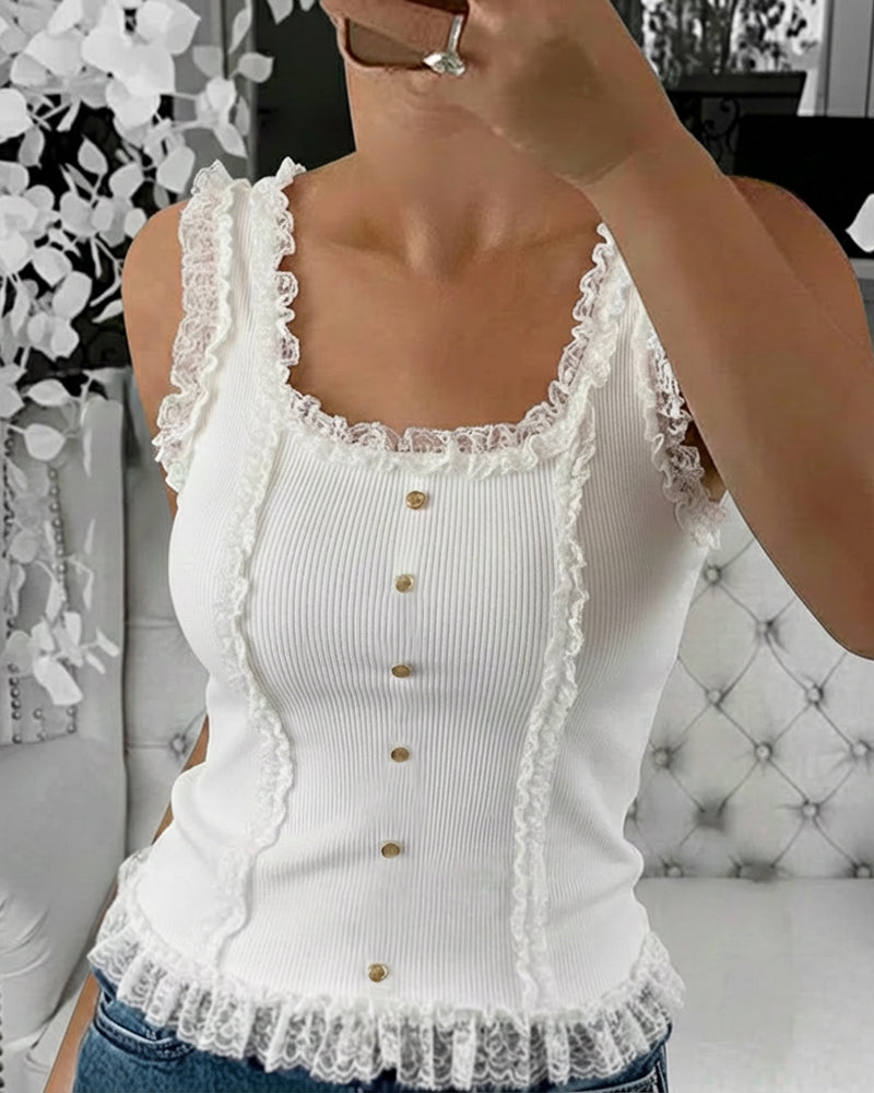 Contrast Lace Sleeveless Square Neck Crop Tank Casual Frill Hem Metal Button Decor Ribbed Knit Top