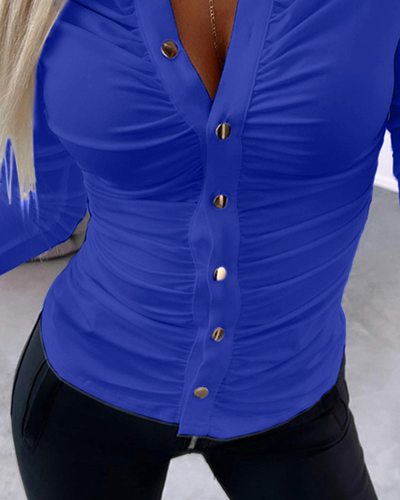 Long Sleeve Button Down Shirt Collar Neck Ruched Fitted Top