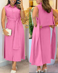 Ärmelloses Hemdblusenkleid mit Umlegekragen, durchgehender Knopfleiste, offenem Rücken, Bindedetail und lässigem Design für den Alltag