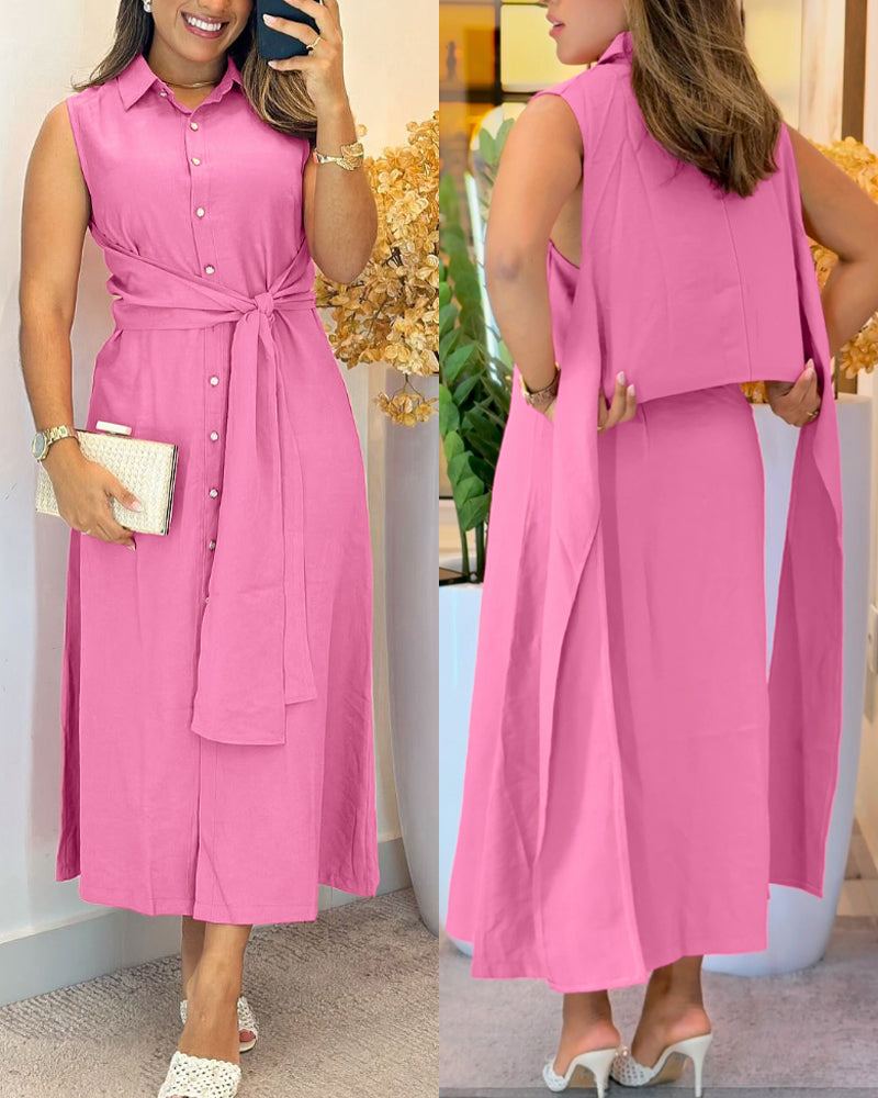 Ärmelloses Hemdblusenkleid mit Umlegekragen, durchgehender Knopfleiste, offenem Rücken, Bindedetail und lässigem Design für den Alltag
