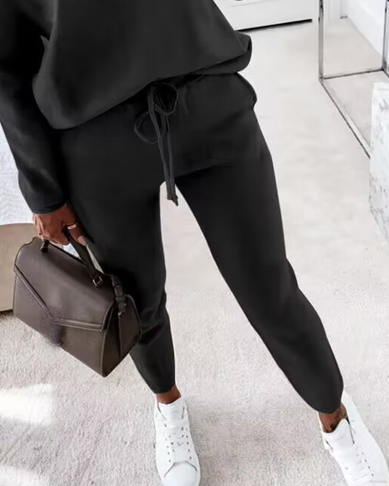 2 Pieces Outfit Long Sleeve Skew Neck Pullover Top and Drawstring Elastic Waist Slim Fit Pants Set