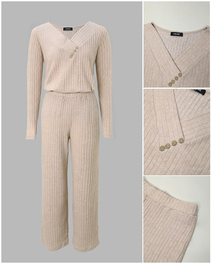 2 Pieces Outfit Button Decor V-Neck Long Sleeve Top and Elastic Waist Straight Leg Pants Set Casual Ribbed Set
