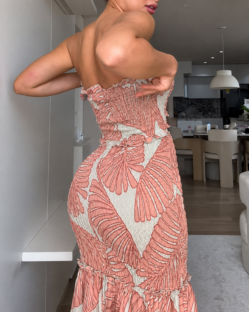 Tropical Print Halter Tie Shirred Frill Trim Cinched Waist Vacation Dress Ruched Cutout Front Slim Fit Ruffle Hem Mermaid Dress