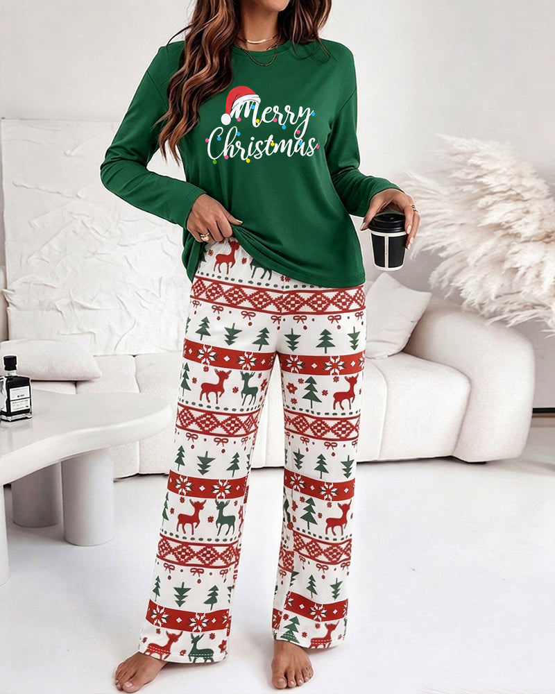 Women's Two Piece Pajamas Set Slogan Print Top and Christmas Print Pants Casual Lounge Set