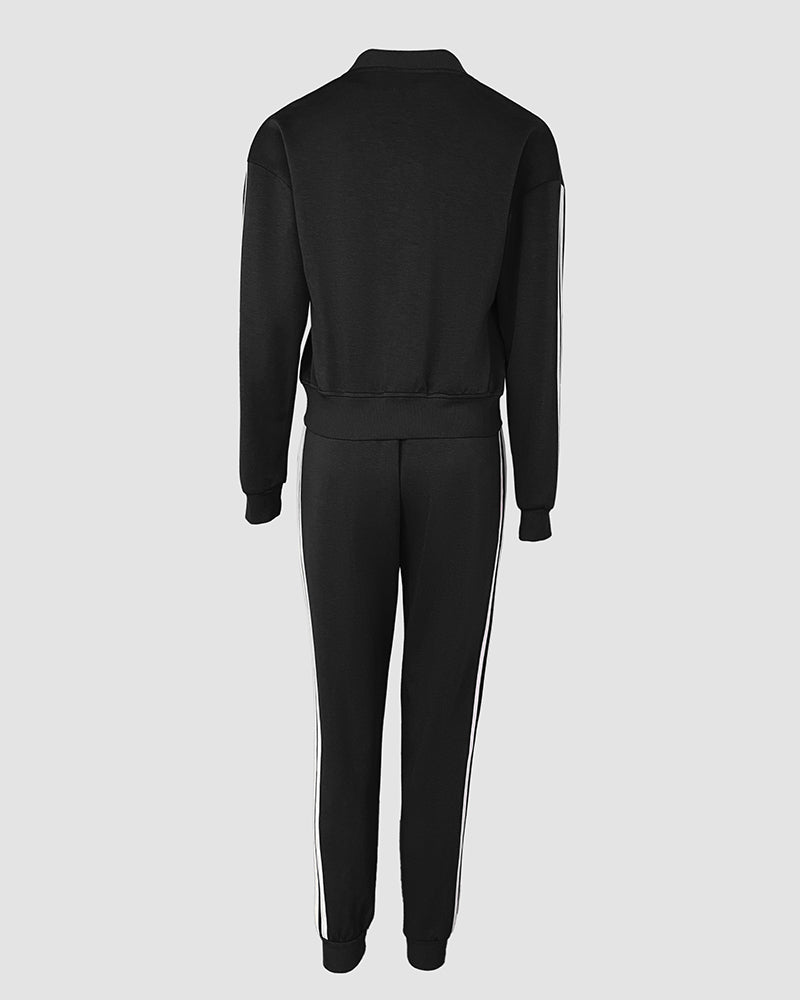 3 Pieces Outfit Snap Buttons Front Coat and Elastic Waist Seam Front Stretchy Cuffs Pants Set with Tank Top Casual Contrast Side Striped Tracksuit