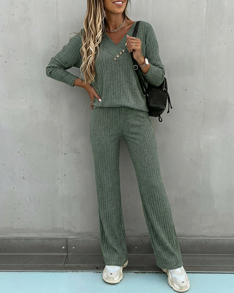 2 Pieces Outfit Button Decor V-Neck Long Sleeve Top and Elastic Waist Straight Leg Pants Set Casual Ribbed Set