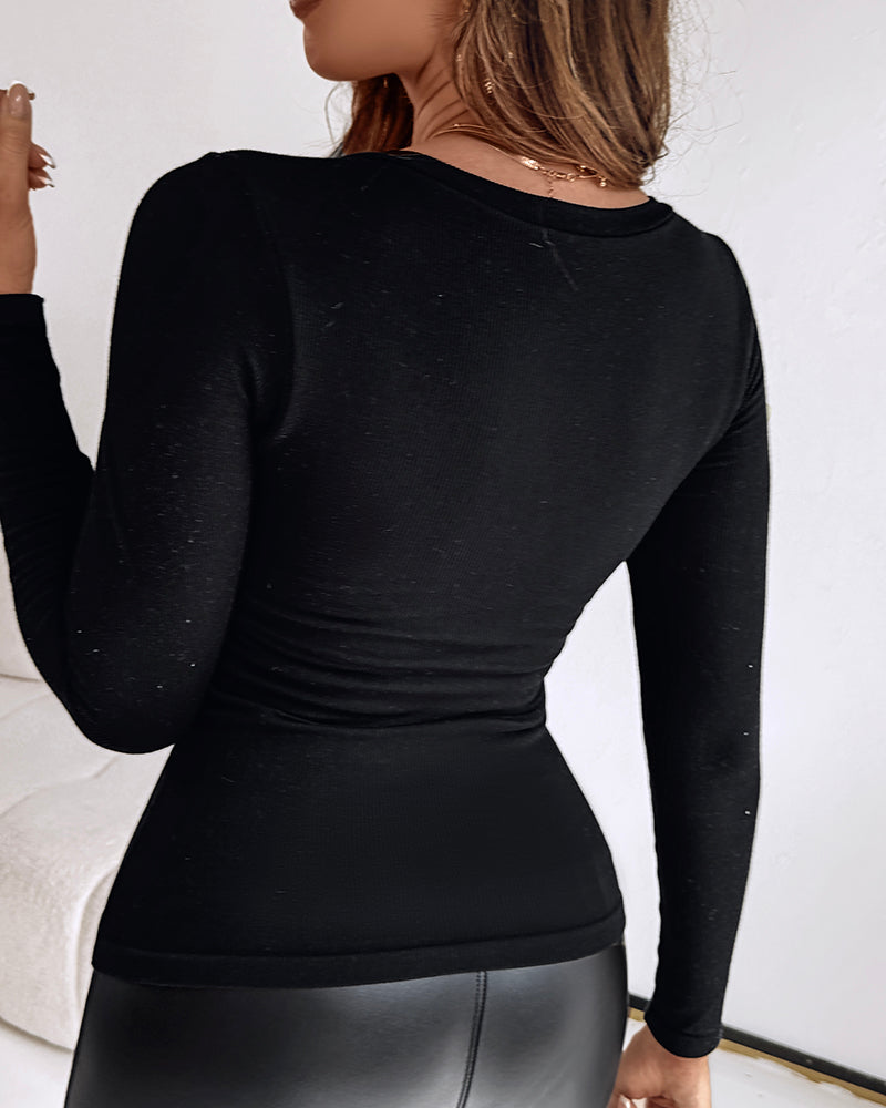 Built In Bra U Neck Tee High Stretchy Knit T-Shirt Long Sleeve Top