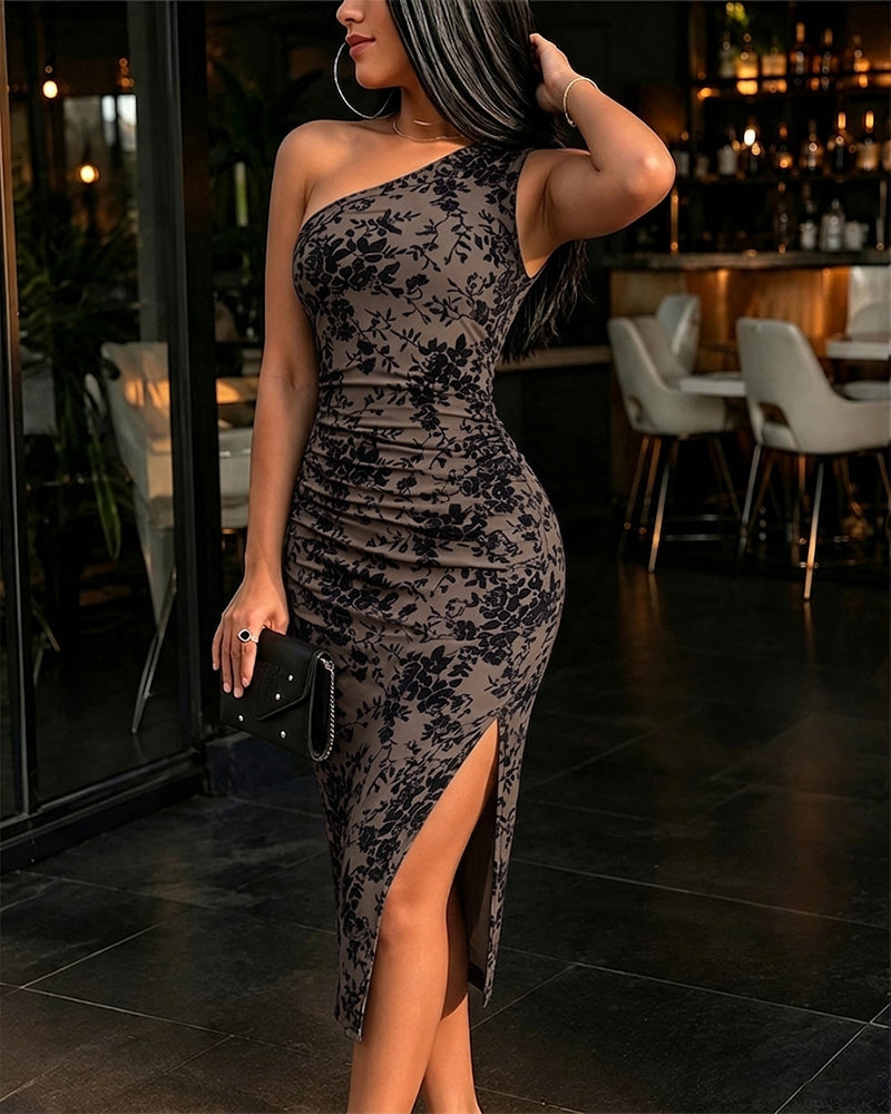 Damen-Midikleid aus Samt und Mesh mit floralem Muster, One-Shoulder, figurbetont, elegant, gerafft mit Seitenschlitz für Partys