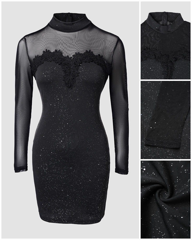 Glitter Long Sleeve Mock Neck Sheer Mesh Patch Bodycon Dress Night Out Party Mini Dress