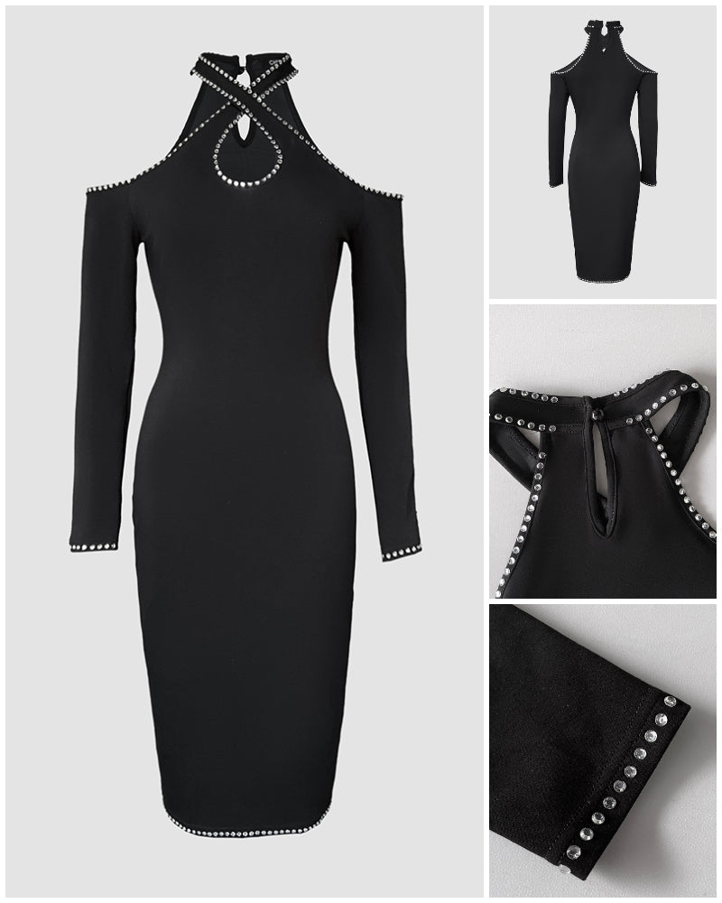 Rhinestone Decor Halter Cold Shoulder Long Sleeve Bodycon Dress Hollow-out Front & Back Evening Dress