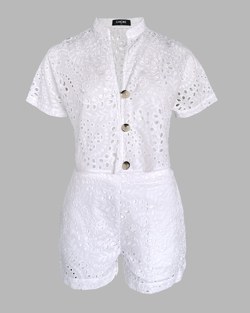 Women's Eyelet Embroidery Two Piece Outfits Stand Collar Button Up Crop Top and High Waist Shorts Set