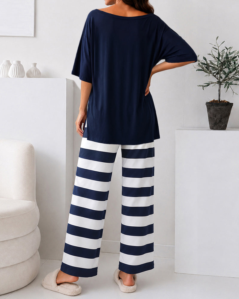 Loungewear-Set für Damen mit Anker-Print, Oberteil mit Seitenschlitz und gestreifter Hose mit geradem Bein, legeres Pyjama-Set mit Taschen