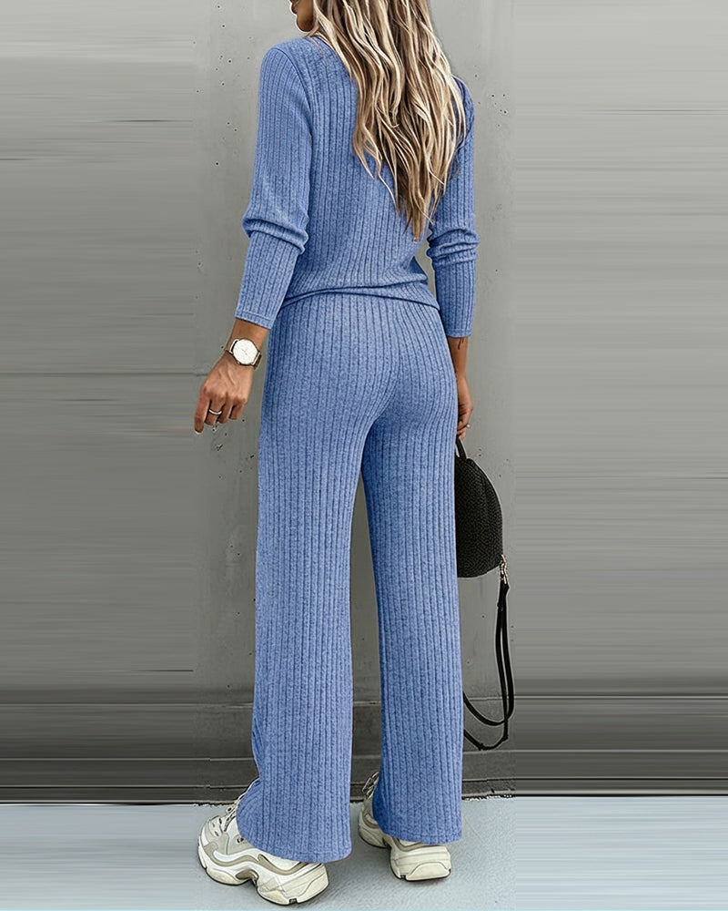 2 Pieces Outfit Button Decor V-Neck Long Sleeve Top and Elastic Waist Straight Leg Pants Set Casual Ribbed Set