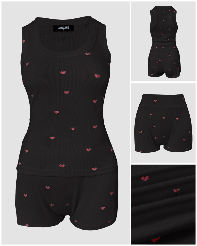 2 Pieces Outfit Heart Print U Neck Sleeveless Tank Top And Casual Strechy Waist Shorts Set Slim Fit Ribbed Pajamas Set