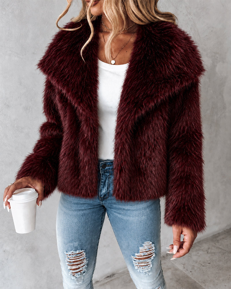 Women's Wide Lapel Cropped Faux Fur Fluffy Coat