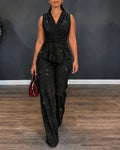 Women's 2 Piece Glitter Outfits Sleeveless Wrap V Neck Ruffle Hem Top and Wide Leg Pants Set