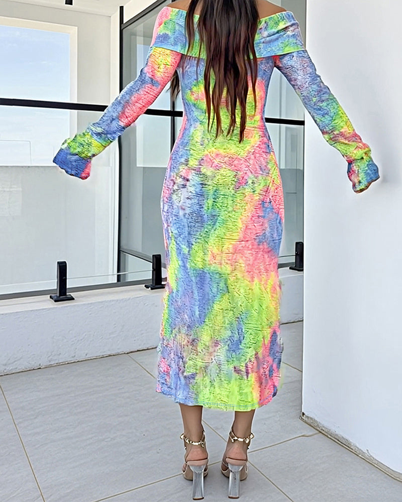 Tie-Dye-Kleid mit Umschlagkragen, schulterfrei, lange Ärmel, texturiertes Bodycon-Kleid, lässiges Freizeitkleid mit Rissen, hochelastisch, Urlaubskleid