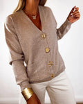 Women's Gold Button Knit Cardigan V Neck Sweater with Pockets