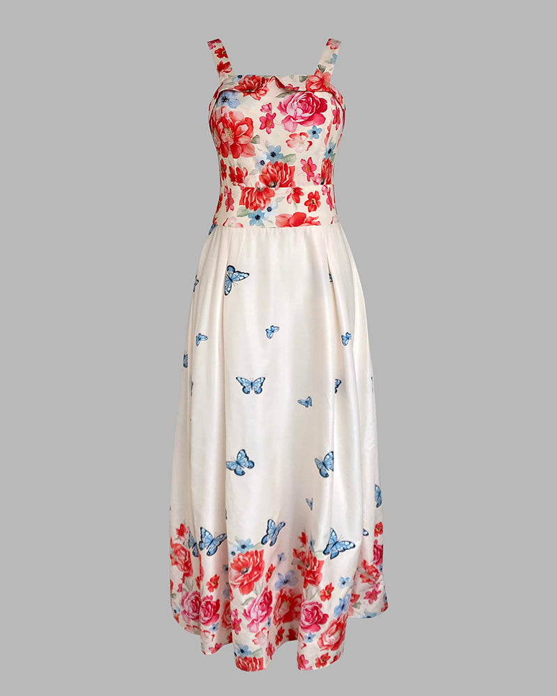 Damen-Maxikleid mit Blumen-Schmetterlings-Print, Camisole-Trägern, gesmoktem Rücken, ärmellos, für Urlaub, Freizeit und Strand