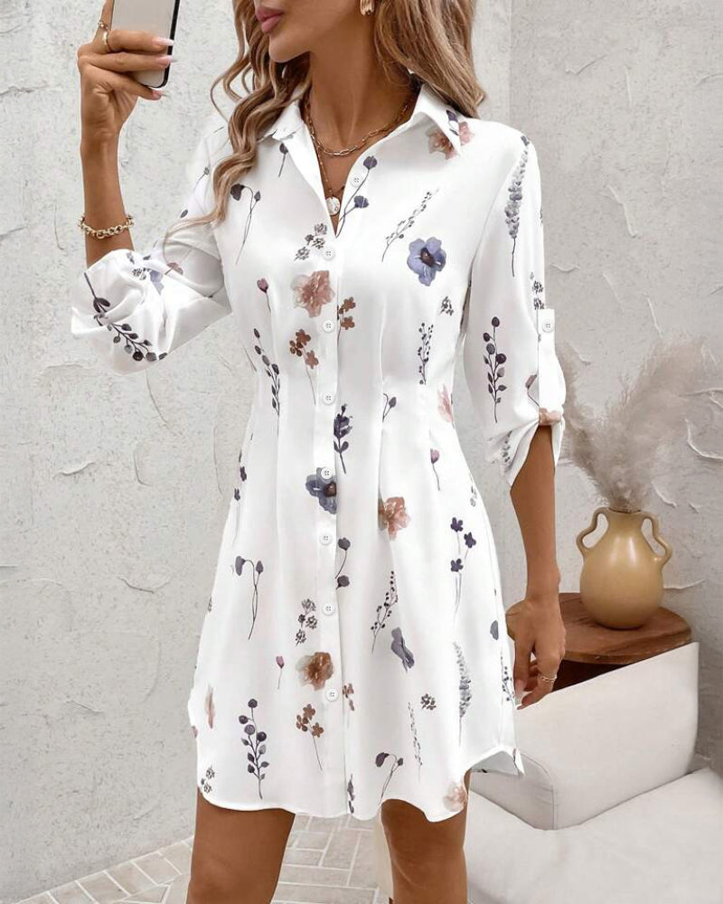 Watercolor Floral Print Turn-down Collar Turn-Up Sleeves Shirred Back Shirt Dress Casual Button Down Cinched Waist Asymmetrical Hem Vacation Dress