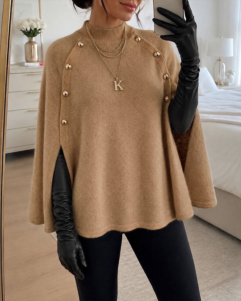 Women's Mock Neck Cape Knit Sweater Loose Old Money Style Pullover Side Slit Batwing Sleeve Winter Warm Cozy Top