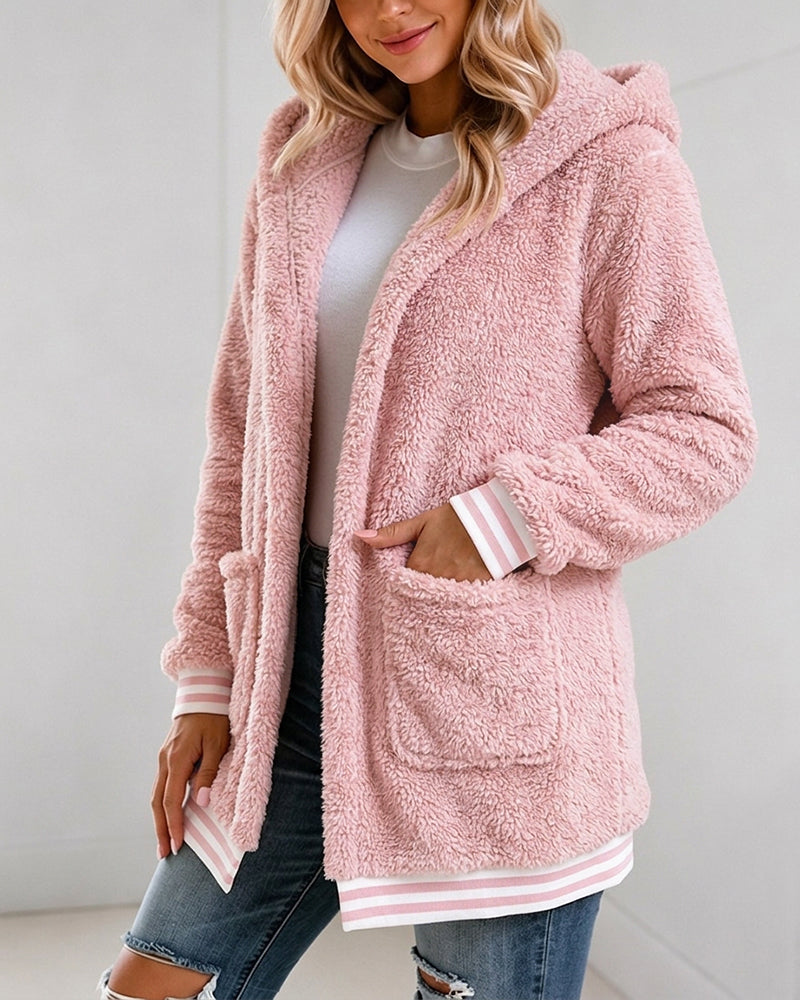 Damen-Sherpa-Fleece-Kapuzenjacke mit offener Front, gestreiftem Besatz und flauschigem Obermaterial