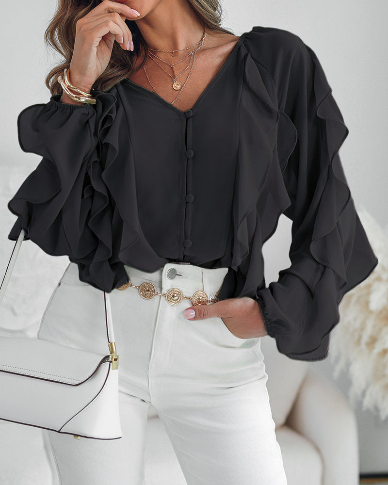 V Neck Shoulder Ruffles Design Blouse Casual Button Front Long Sleeve Top