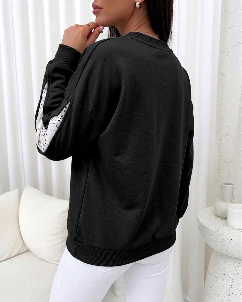 Women's Lace Patchwork Sweatshirt Crewneck Long Sleeve Pullover Slit Sleeve Casual Loose Fit Top