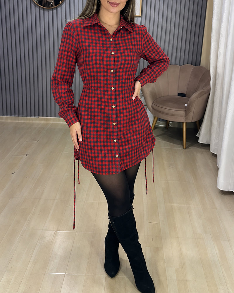 Damen Vintage Kariertes Freizeitkleid mit Kordelzug, langen Ärmeln, gerafftem Schnitt und durchgehender Knopfleiste