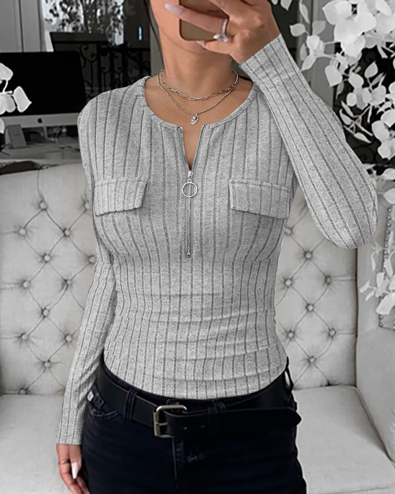 Long Sleeve Half Zip Flap Detail Ribbed Tee Slim Fit Brushed Top