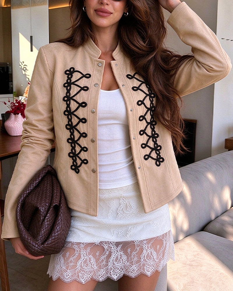Women's Ethnic Braided Embroidered Faux Suede Stand Collar Snap Button Crop Jacket