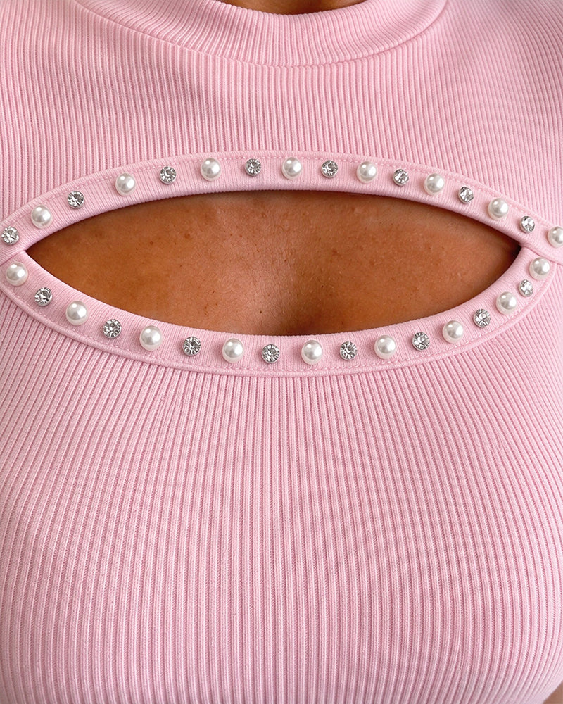 Women's Pearl Rhinestone Hollow-out Long Sleeve Ribbed Fitted Top