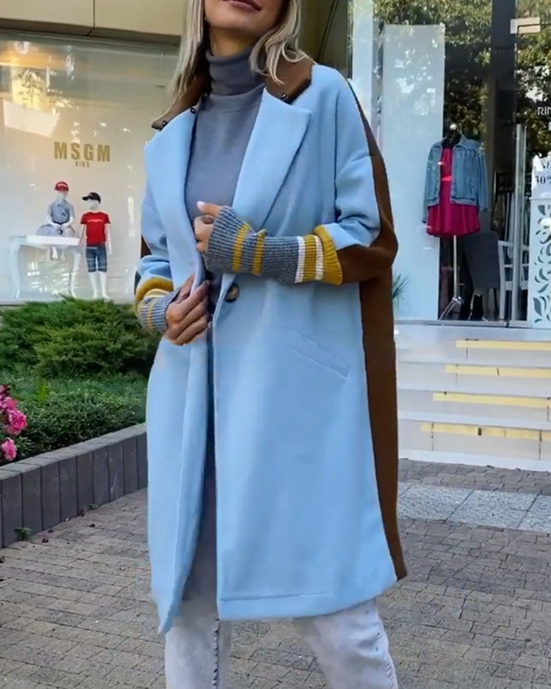Color Block Long Trench Coat Single Breasted Detachable Fuzzy Leopard Pattern Lapel Overcoat