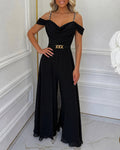 Women's Pearls Decor Adjustable Straps Cold Shoulder Overalls Cowl Neck High Waist Jumpsuit with Belt