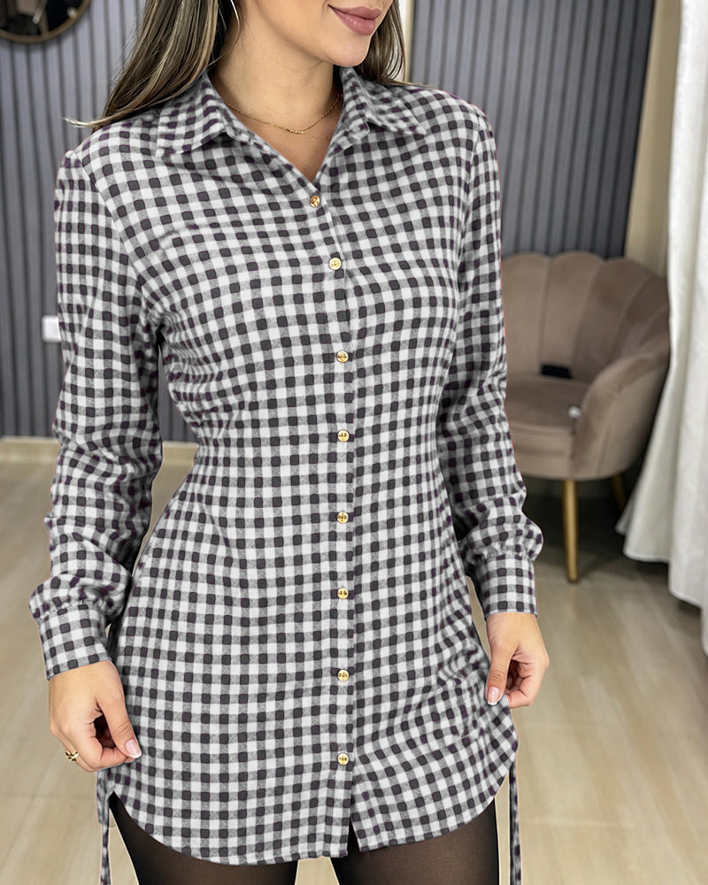 Women's Vintage Plaid Drawstring Long Sleeve Casual Dress Shirred Button Down Shirt Dress
