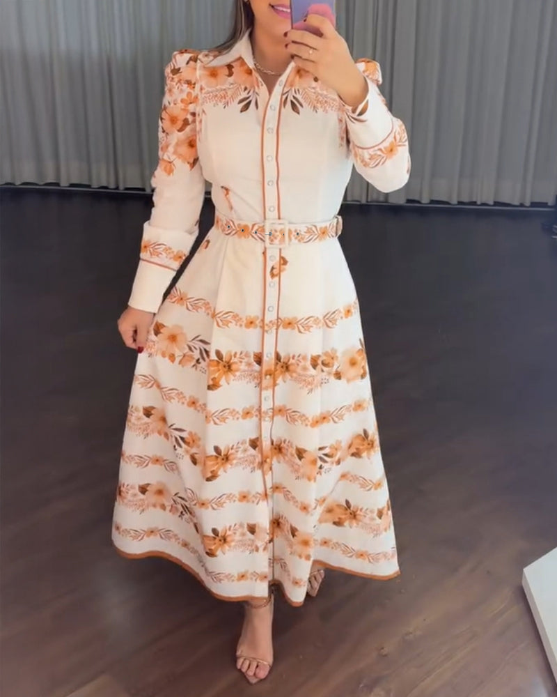 Blumenkleid mit Umlegekragen, Puffärmeln, Gürtel und Innenfutter, lässiges Hemdblusenkleid für den Urlaub