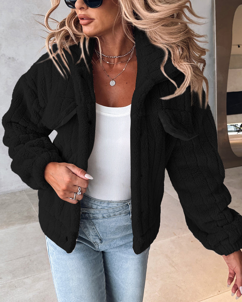 Textured Striped Turn-down Collar Button Front Elastic Cuff and Hem Teddy Fleece Jacket With Decorative Flap Pockets