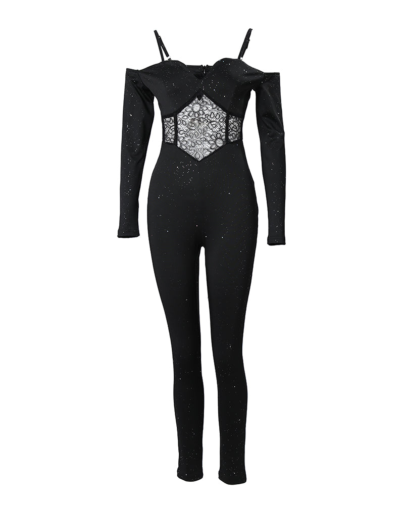Glitter Cold Shoulder Adjustable Spaghetti Straps Lace Spliced Overalls Slim Fit Zipper Back Corset Jumpsuit