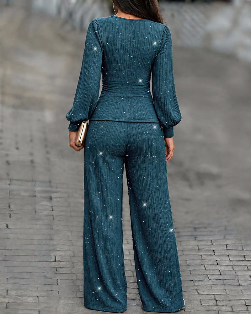 Women's 2 Piece Glitter Set Deep V Neck Lantern Sleeve Ruched Top and Wide Leg Pants with Pockets
