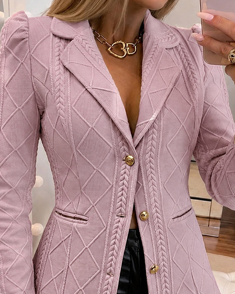 Women's Elegant Argyle Textured Blazer Slim Fit Puff Sleeve Suit Jacket Gold Button Work Office Commuter Blazer with Pockets